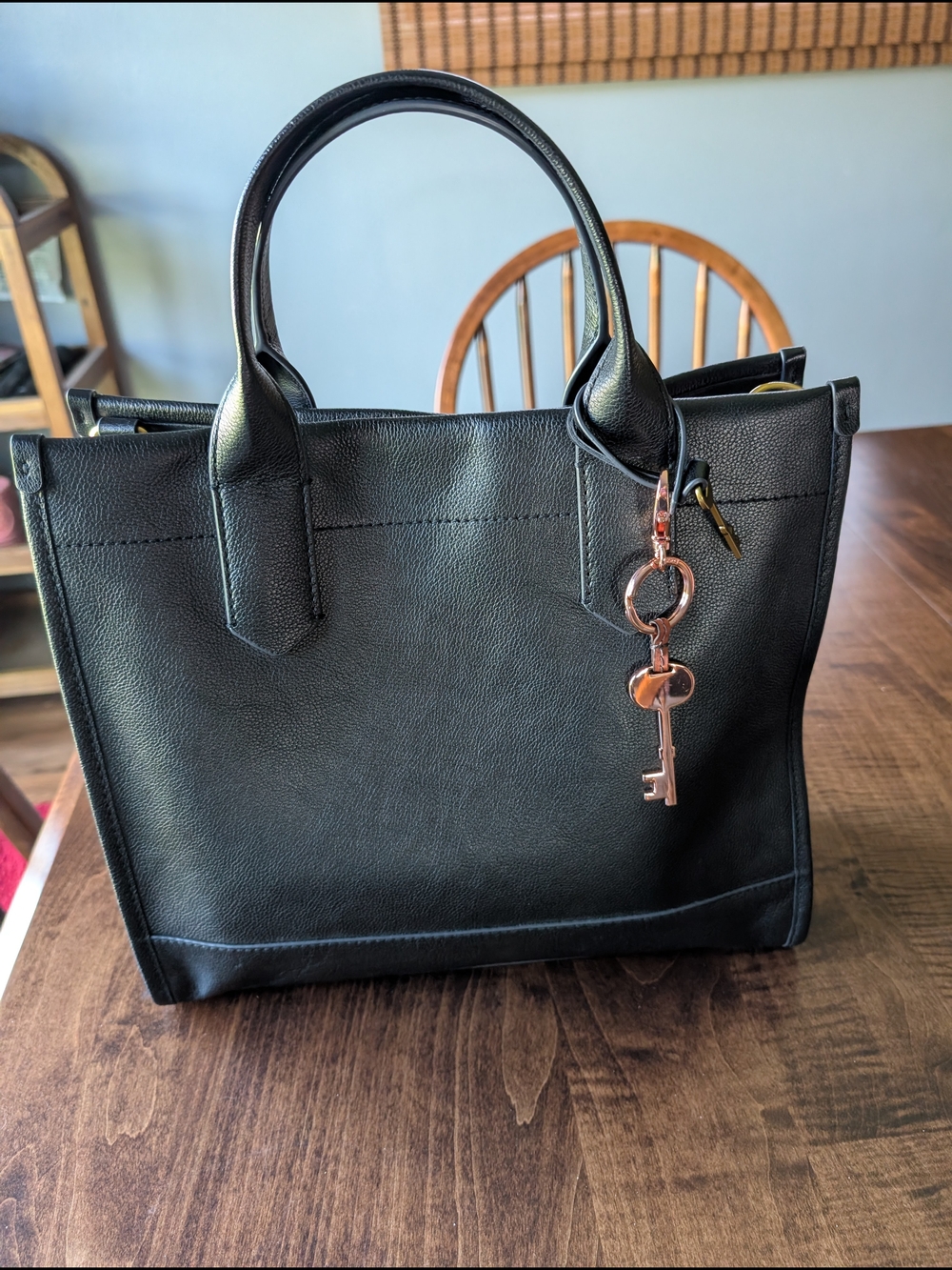 Classic Fossil Black Leather Tote Bag with Key Charm
